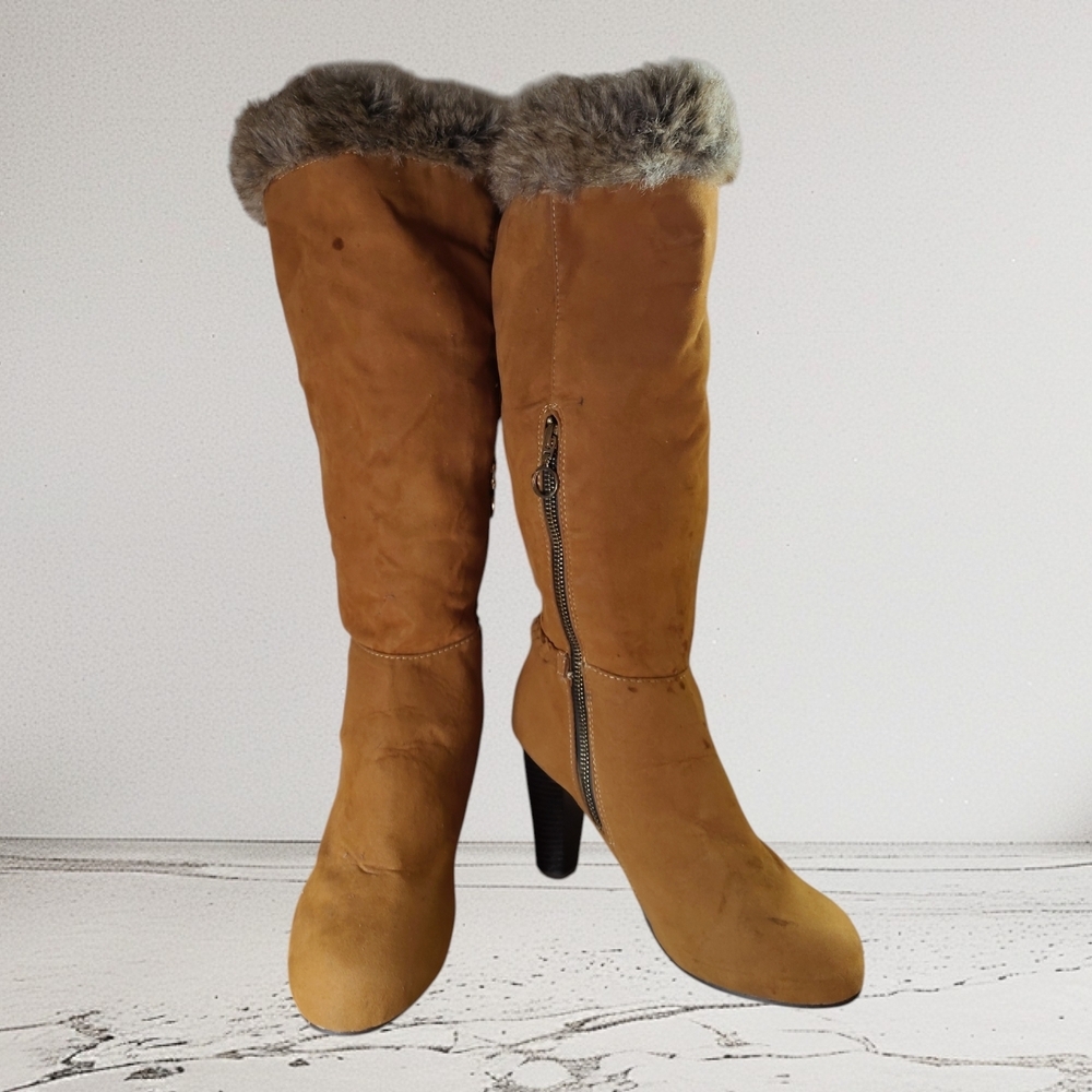 Tan Faux Suede Fur-Trimmed Knee-High Boots Heel Size 6.5
